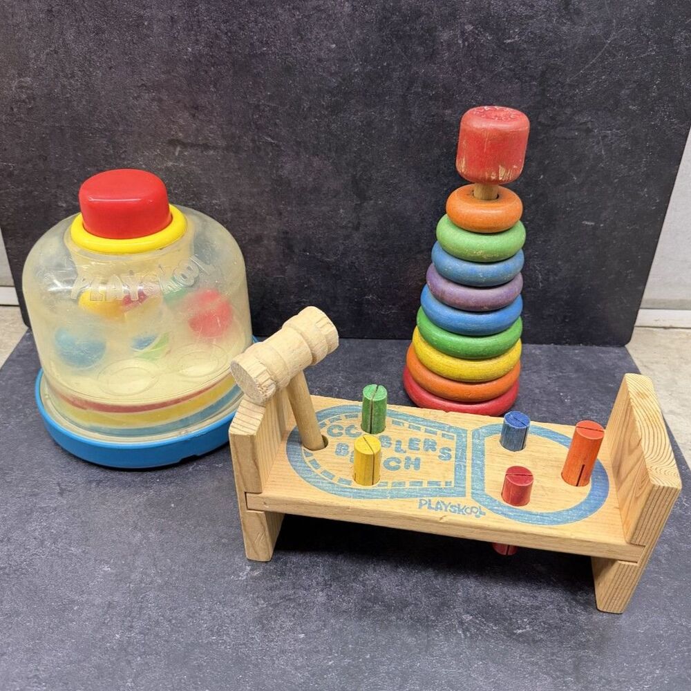Vintage Playskool Toy Lot 1960s Wooden Ring StackCobblers Bench 90s Ball Popper